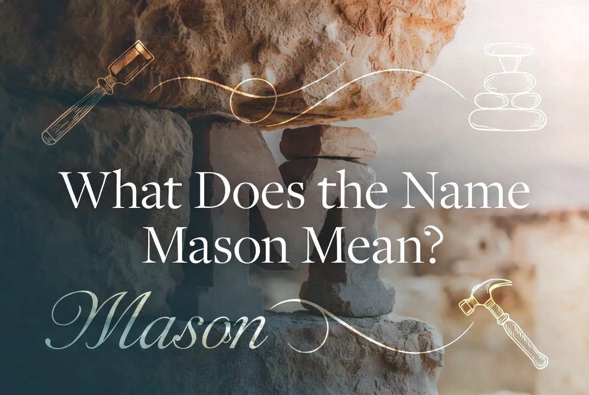 "Feature image with the title 'What Does the Name Mason Mean?' in elegant white lettering. The background features a textured stone masonry wall with stacked stones, a mason's chisel, and a hammer illustrated in gold and white accents. Warm, earthy tones create a sophisticated, professional design suitable for a name meaning article."