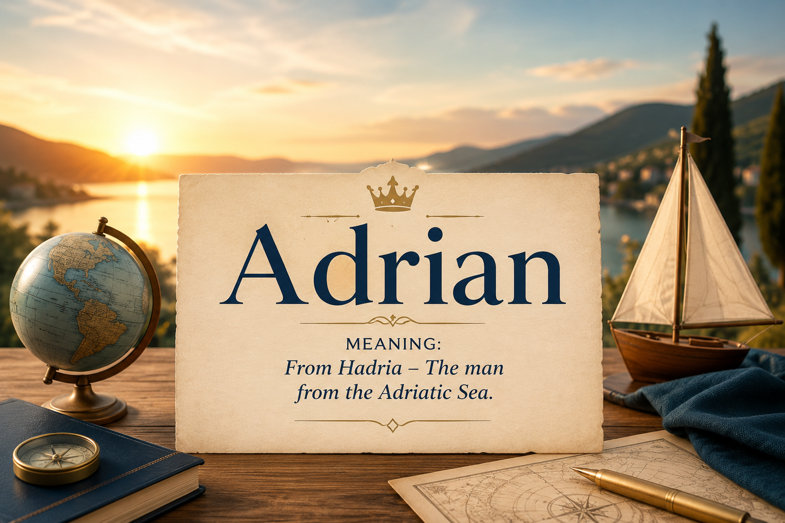 Adrian Mean feature image with a peaceful Adriatic-inspired coastal landscape, vintage compass, map, sailing boat, and warm sunrise symbolizing heritage, strength, wisdom, and timeless meaning.