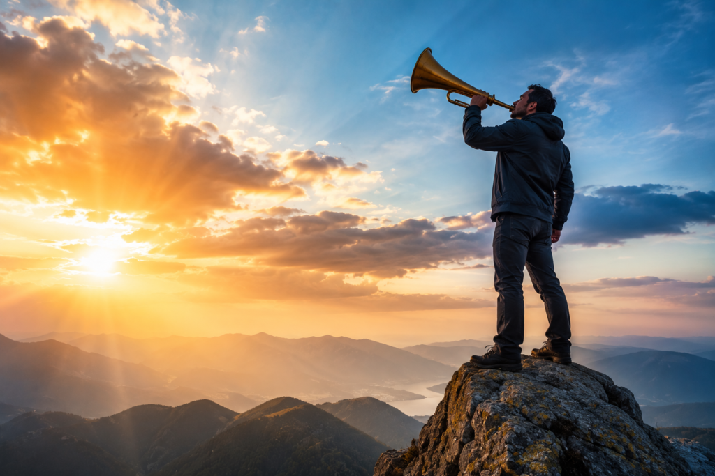 A person stands on a mountain peak blowing a brass horn at sunrise, symbolizing an urgent call to action, leadership, and the meaning of a clarion call.