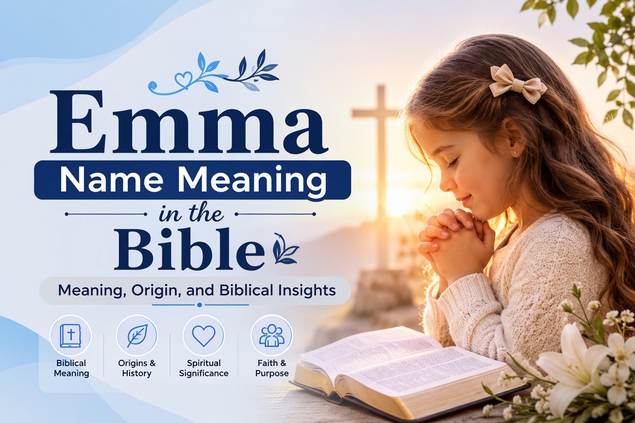 "A serene inspirational graphic titled 'Emma Name Meaning in the Bible'. It features a young girl with long brown hair and a bow, peacefully praying with hands clasped, beside an open Bible. In the background is a glowing sunset with a wooden cross on a hill. The design includes decorative blue elements, floral accents, and icons representing Biblical Meaning, Origins & History, Spiritual Significance, and Faith & Purpose."