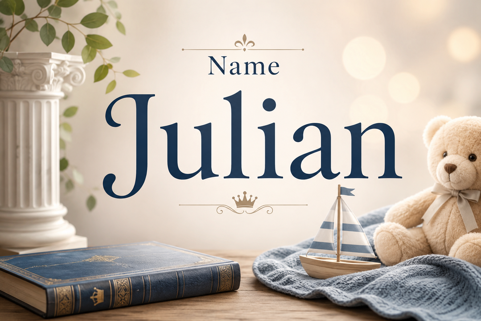 Feature image illustrating the meaning of the name Julian with a glowing sunrise, ancient scroll, laurel wreath, open book, and peaceful natural landscape, symbolizing wisdom, honor, heritage, and timeless character.