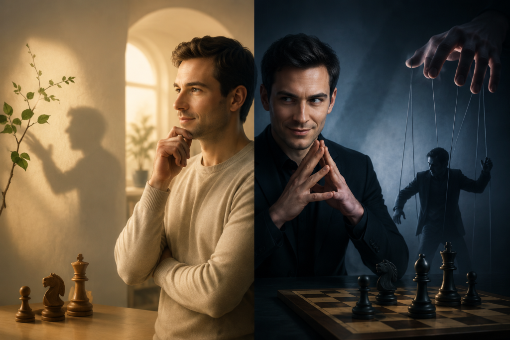 A split scene illustration contrasting subtle wisdom with crafty manipulation, featuring a thoughtful figure in warm light on one side and a calculating figure with chess pieces and puppet strings in dark shadows on the other.