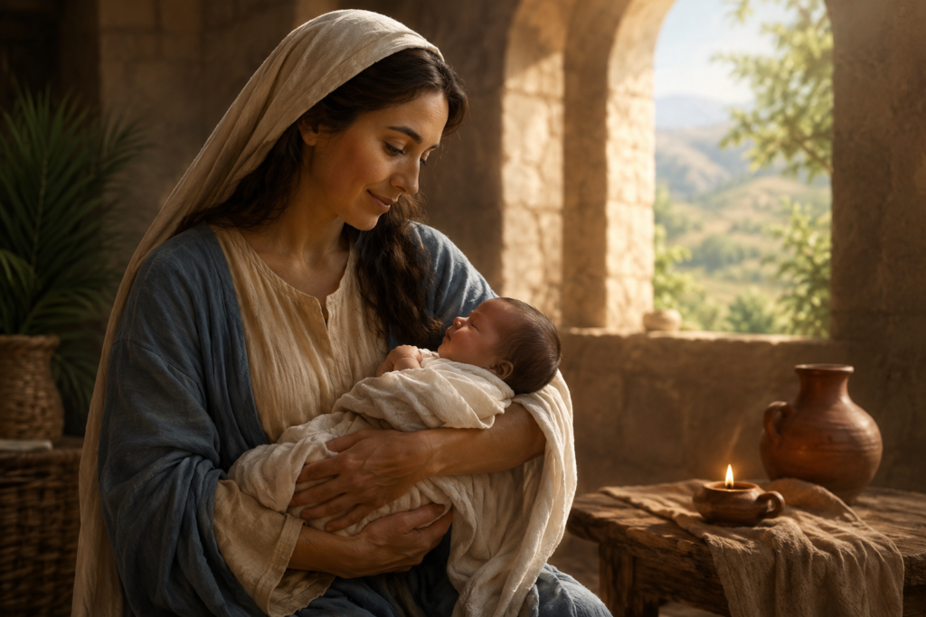 A serene biblical illustration of Elizabeth gently holding baby John the Baptist inside a sunlit ancient Judean home, symbolizing faith, motherhood, and God's blessing in a warm, peaceful setting.