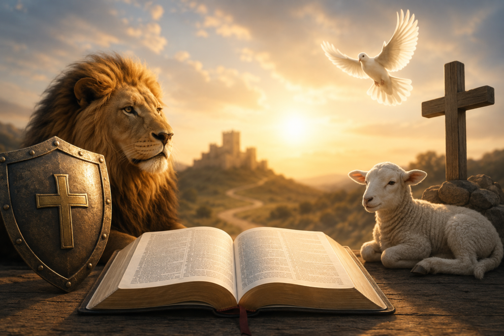Open Bible with a lion, lamb, cross, shield, and dove at sunrise, symbolizing biblical strength, courage, peace, and the spiritual meaning behind the name Adrian.