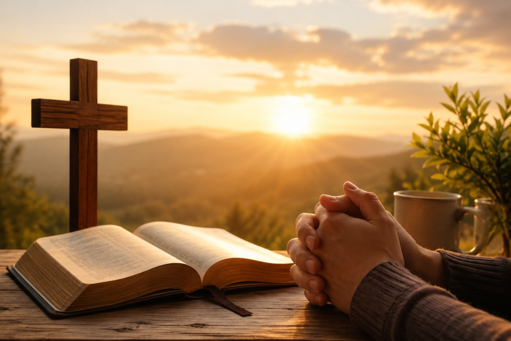 Open Bible with a wooden cross and clasped hands in prayer at sunrise, symbolizing Christian faith, daily devotion, spiritual guidance, hope, and a peaceful relationship with God.