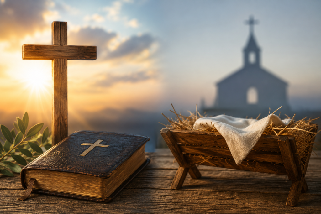 Rustic wooden cross, Holy Bible, and empty manger illuminated by warm sunrise with a blurred church in the background, symbolizing Christian faith and biblical heritage.