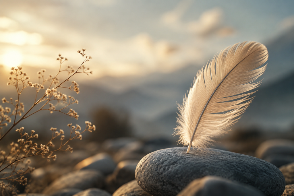A delicate white feather resting on a smooth stone in a peaceful natural landscape with soft golden sunlight, dried wildflowers, and blurred mountains symbolizing subtle beauty, gentleness, and quiet elegance.