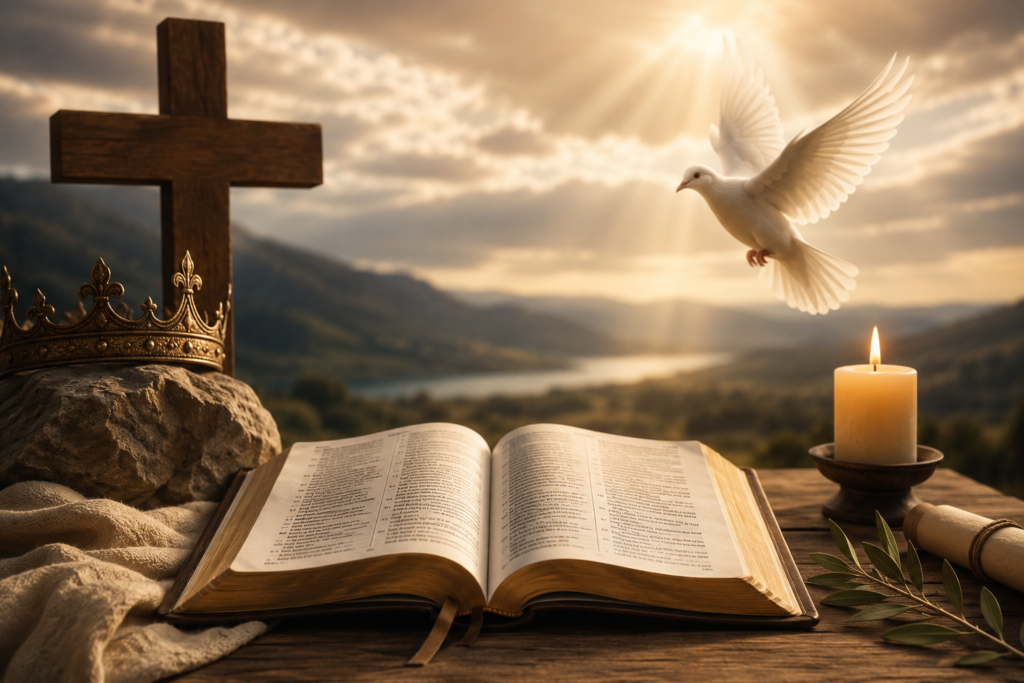 A peaceful biblical-themed scene featuring an open Bible on a rustic wooden table with a wooden cross, glowing candle, white dove in flight, and warm golden sunlight illuminating a serene mountain landscape in the background.