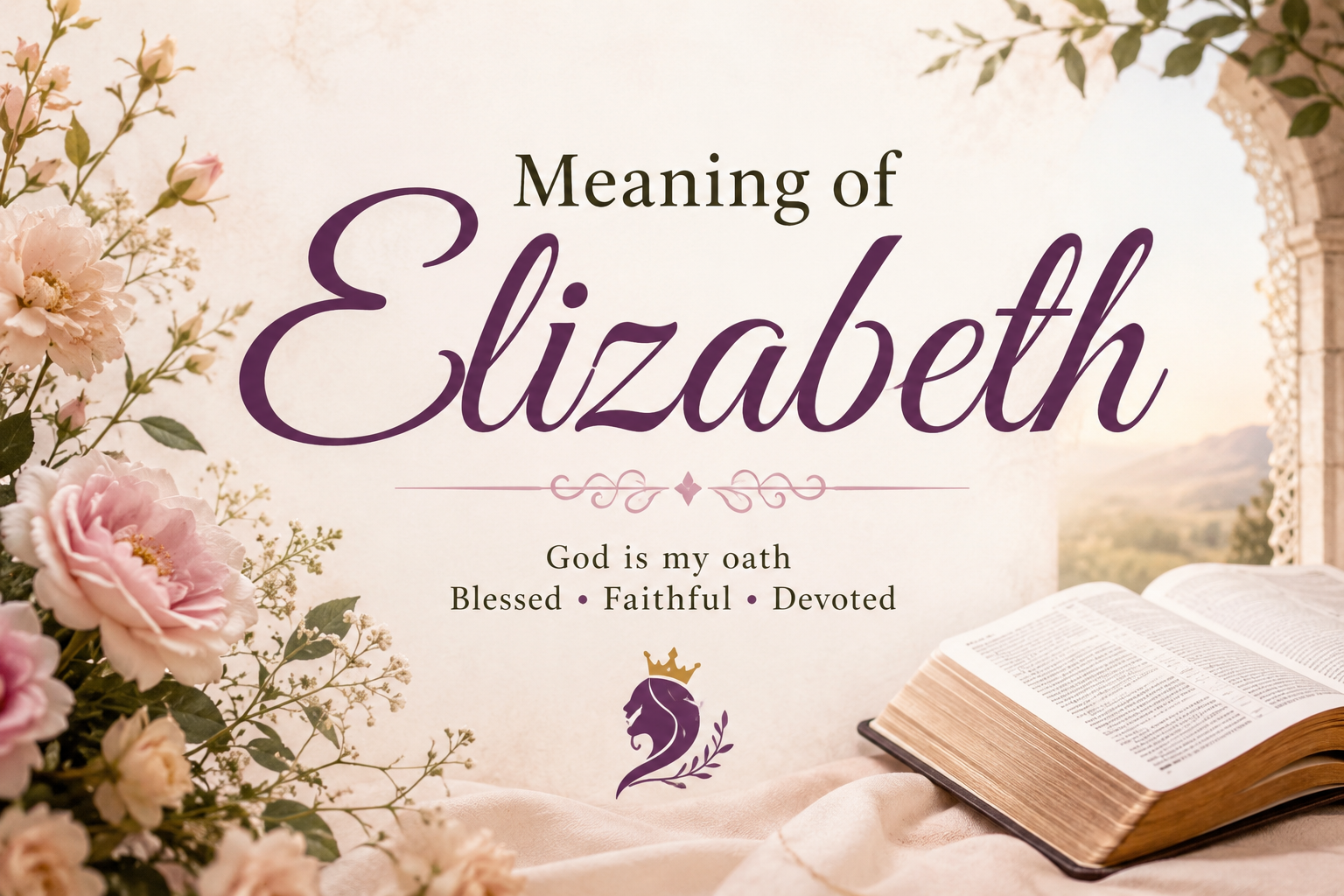 Meaning of Elizabeth feature image with an open Bible, soft pink flowers, elegant archway, and a warm, faith-inspired background representing the biblical meaning of the name Elizabeth.