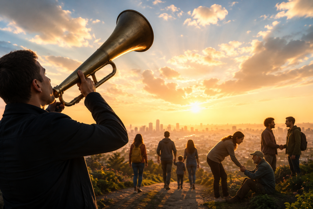 A person sounding a brass horn as people walk together toward a bright horizon, symbolizing the meaning of a clarion call inspiring purpose, unity, and positive action in everyday life.