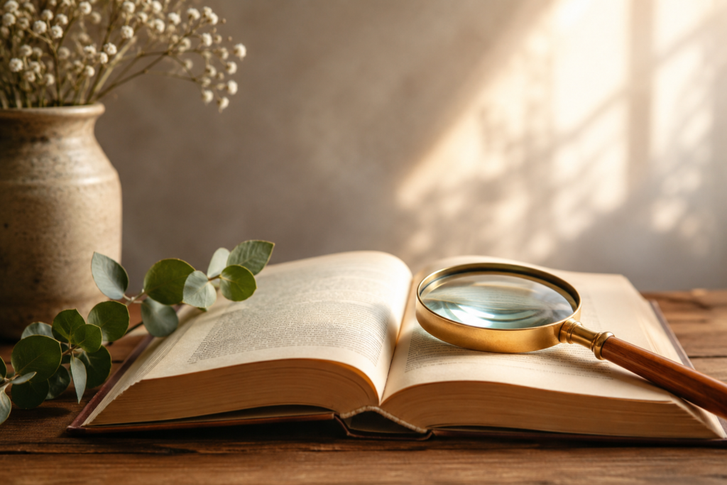 Open book with a magnifying glass on a wooden table, symbolizing the definition and meaning of the name Alana in a warm, elegant setting.