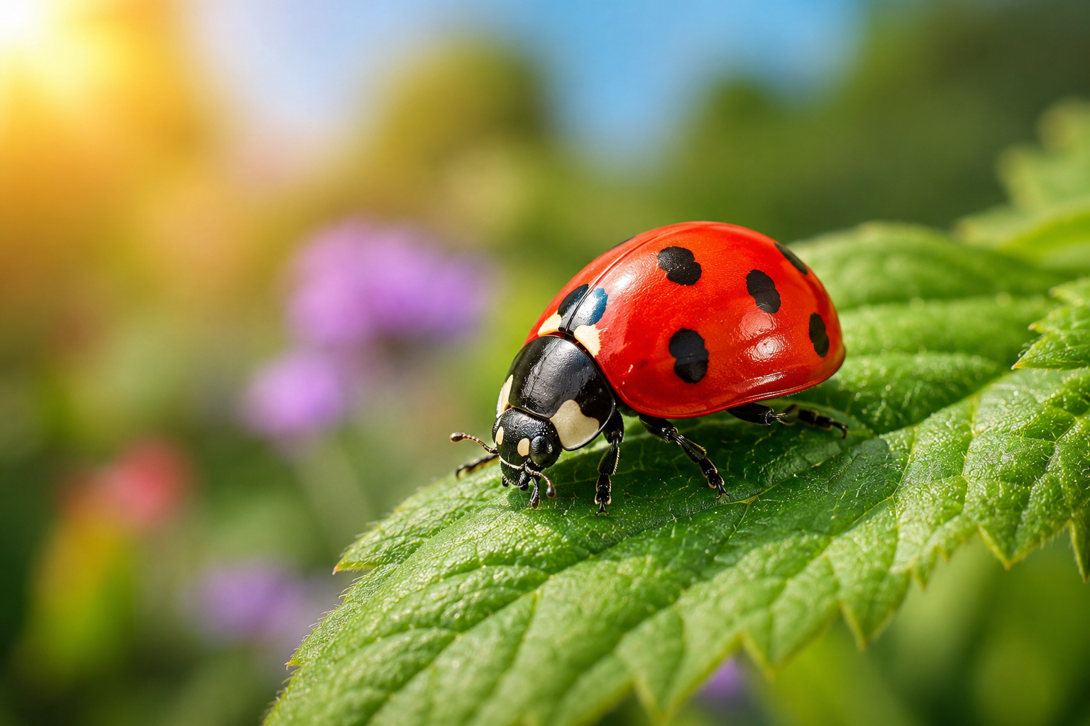 Close up of a bright red ladybird with black spots resting on a vibrant green leaf in a sunlit garden with a soft blurred background.