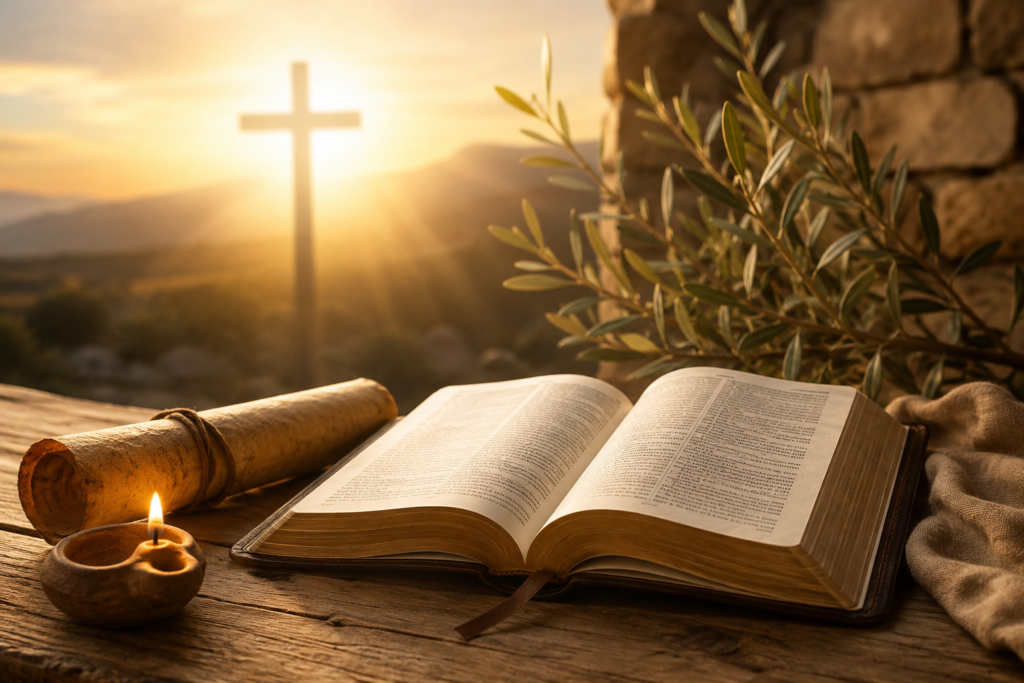 Open Bible on a rustic wooden table with a glowing candle, parchment scroll, and cross in the background, symbolizing the biblical meaning of Justin in a peaceful Christian setting.