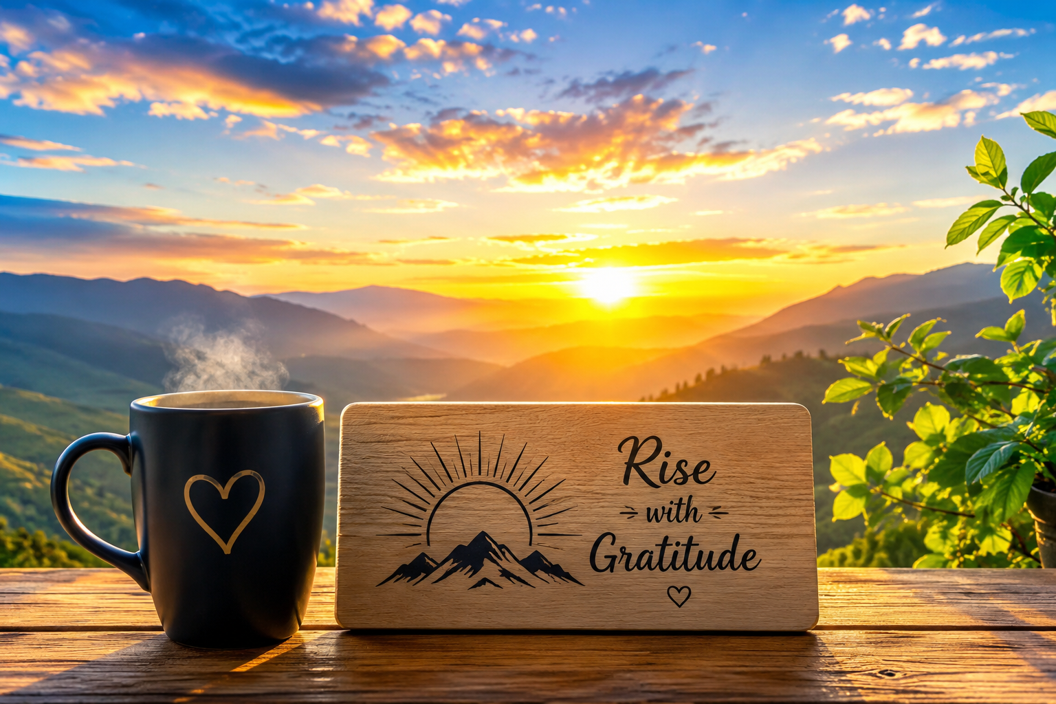 Golden sunrise over peaceful mountains with a steaming coffee mug on a wooden table, symbolizing gratitude, positive energy, and the inspiring meaning of grand rising.