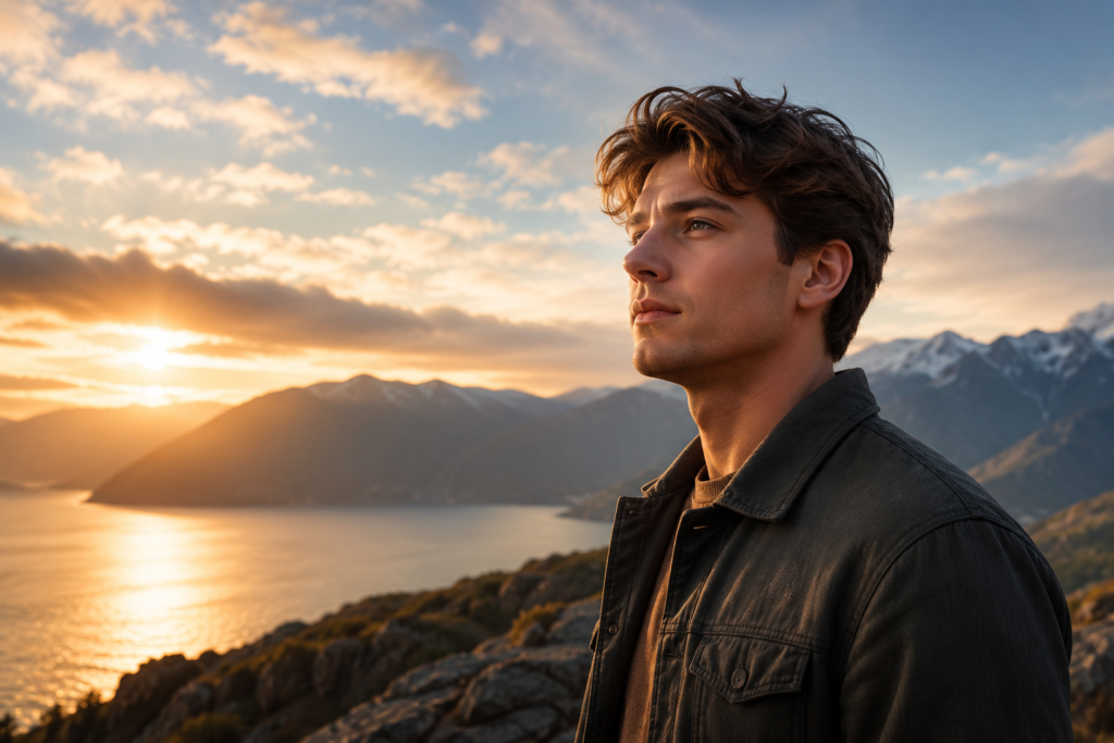 A thoughtful young man stands overlooking a peaceful lake at sunset, with majestic mountains in the background under a warm golden sky, symbolizing reflection, strength, and the meaning behind the name Eric.