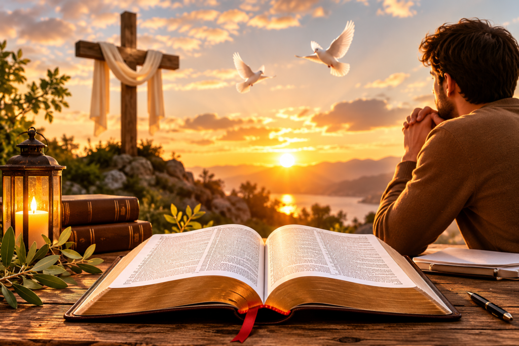 A young man prays beside an open Bible on a rustic wooden table at sunrise, with a glowing lantern, a large wooden cross draped in white cloth, white doves flying overhead, and a peaceful mountain landscape in the background, creating a warm and inspiring Christian worship scene.