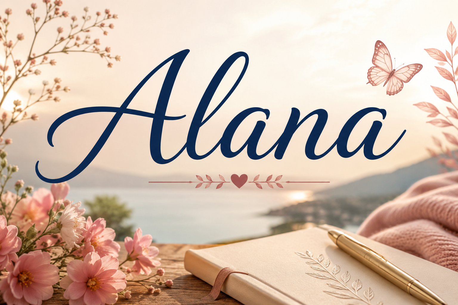 Feature image for Alana featuring elegant calligraphy surrounded by soft pink flowers, a notebook, butterfly, and a peaceful sunrise landscape symbolizing beauty, grace, and serenity.