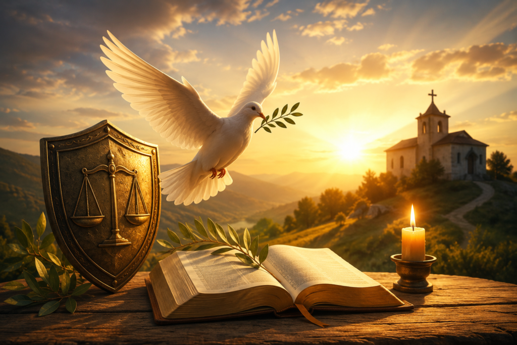 A white dove carrying an olive branch flies above an open Bible beside a shield with scales of justice, with a glowing candle and a small church on a hill at sunrise, symbolizing peace, faith, righteousness, and spiritual strength.