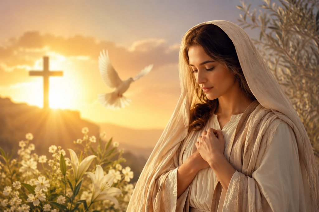 A serene woman in prayer surrounded by soft golden sunlight, a glowing cross, a white dove, and blooming lilies, symbolizing faith, divine grace, purity, and spiritual devotion.