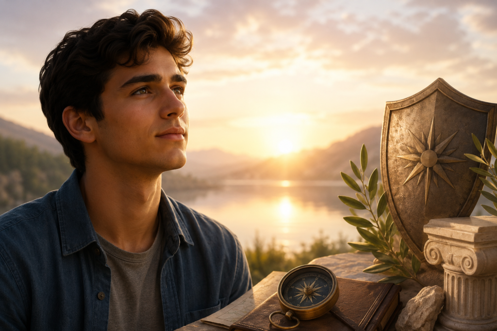 Peaceful sunrise landscape featuring a thoughtful young man beside a lake with symbolic shield, olive branch, and compass representing the meaning and strength associated with the name Adrian.
