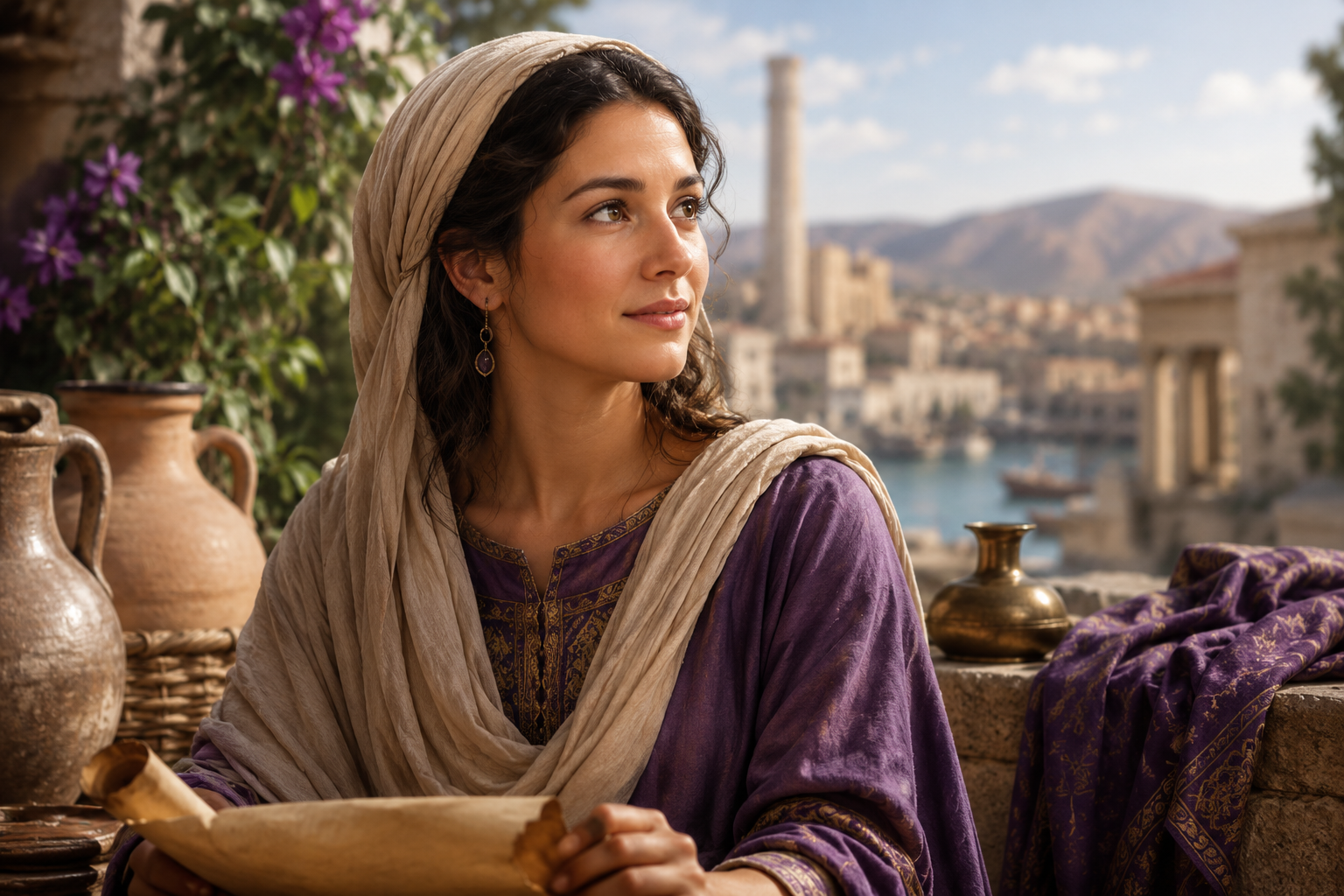 Lydia from the Bible wearing a purple robe in the ancient city representing the biblical meaning and origin of the name Lydia