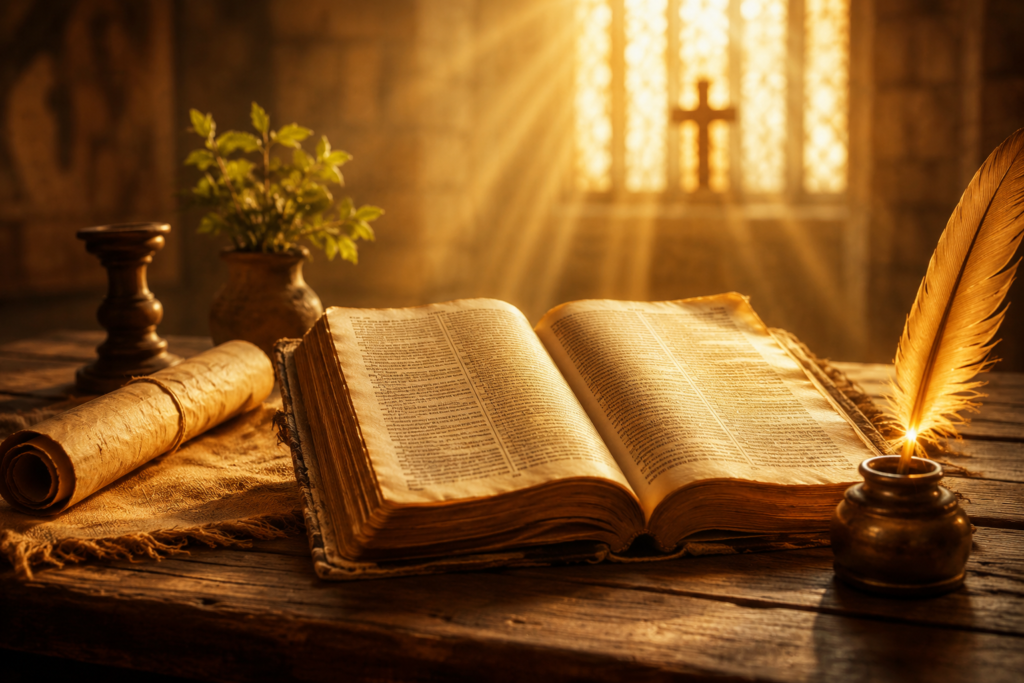 Ancient open Bible on a rustic wooden table with a parchment scroll, quill, and warm golden sunlight streaming through a church window, creating a peaceful biblical study scene.