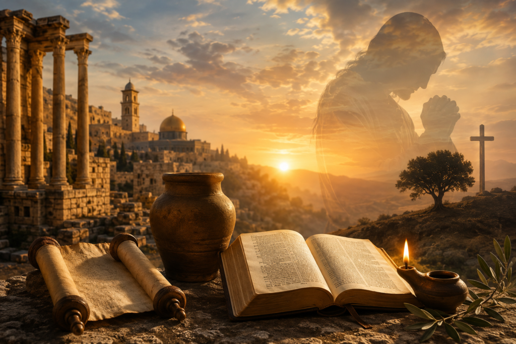 Ancient biblical landscape at sunrise with historic stone ruins, an open Bible, scrolls, clay jar, glowing oil lamp, cross, and a transparent praying figure, symbolizing the connection between historical meaning and spiritual faith.