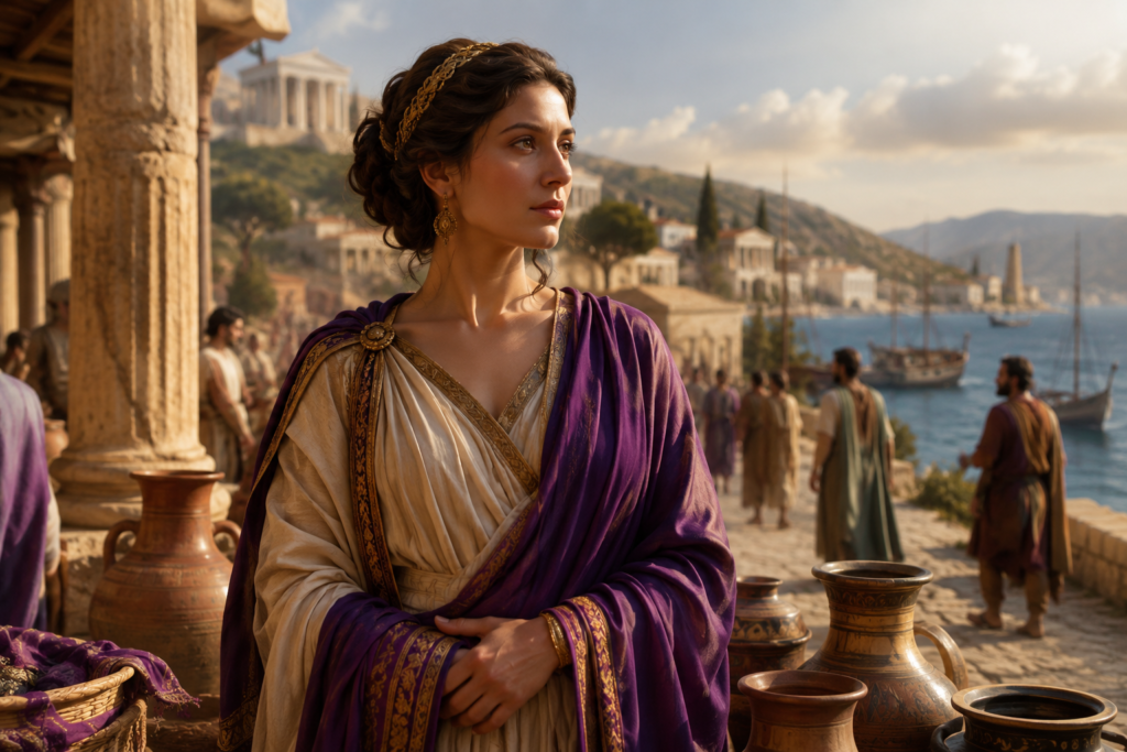 Ancient Mediterranean harbor city at sunset with a graceful woman in historical clothing standing among stone buildings, pottery, market stalls, and sailing ships, symbolizing the ancient origin and rich history associated with the name Lydia.