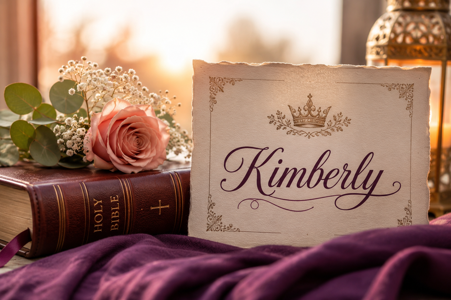 Elegant feature image for Kimberly name meaning showing a Holy Bible, soft flowers, warm candlelight, and a vintage parchment in a peaceful biblical setting that represents faith, grace, and spiritual heritage.