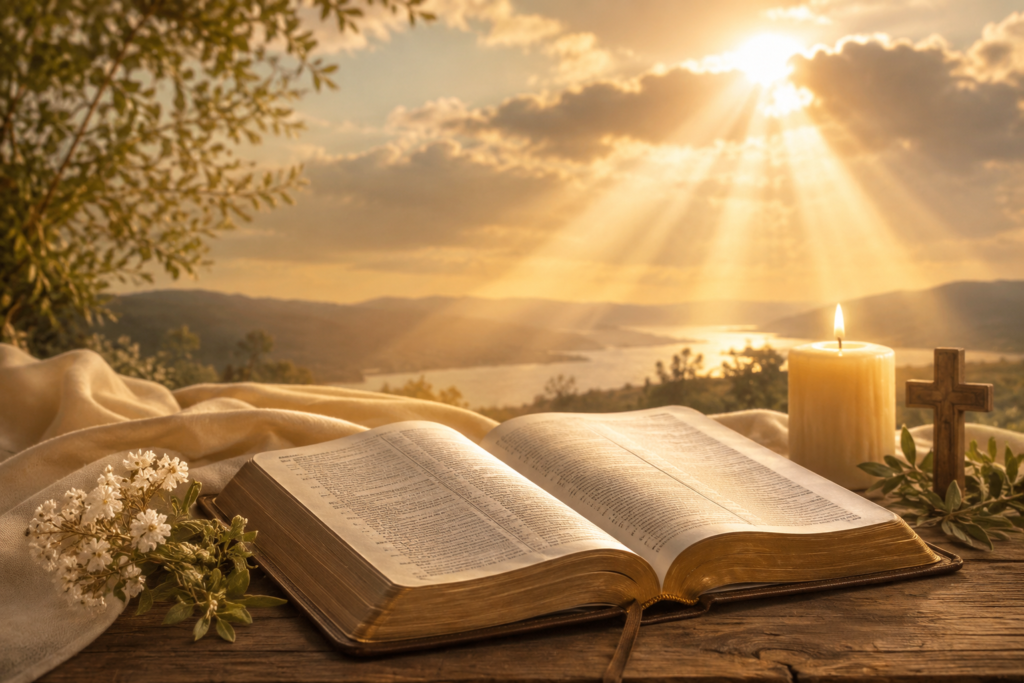 Open Bible resting beside a lit candle and wooden cross under golden sunlight, symbolizing faith, wisdom, hope, and biblical reflection in a peaceful natural setting.
