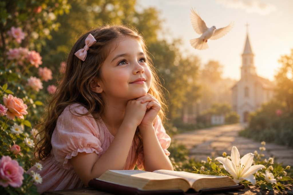 A smiling young girl in a peaceful flower garden looks toward the sky beside an open Bible, with a white dove and a church in the background, symbolizing hope, faith, and the positive qualities associated with the name Kimberly.