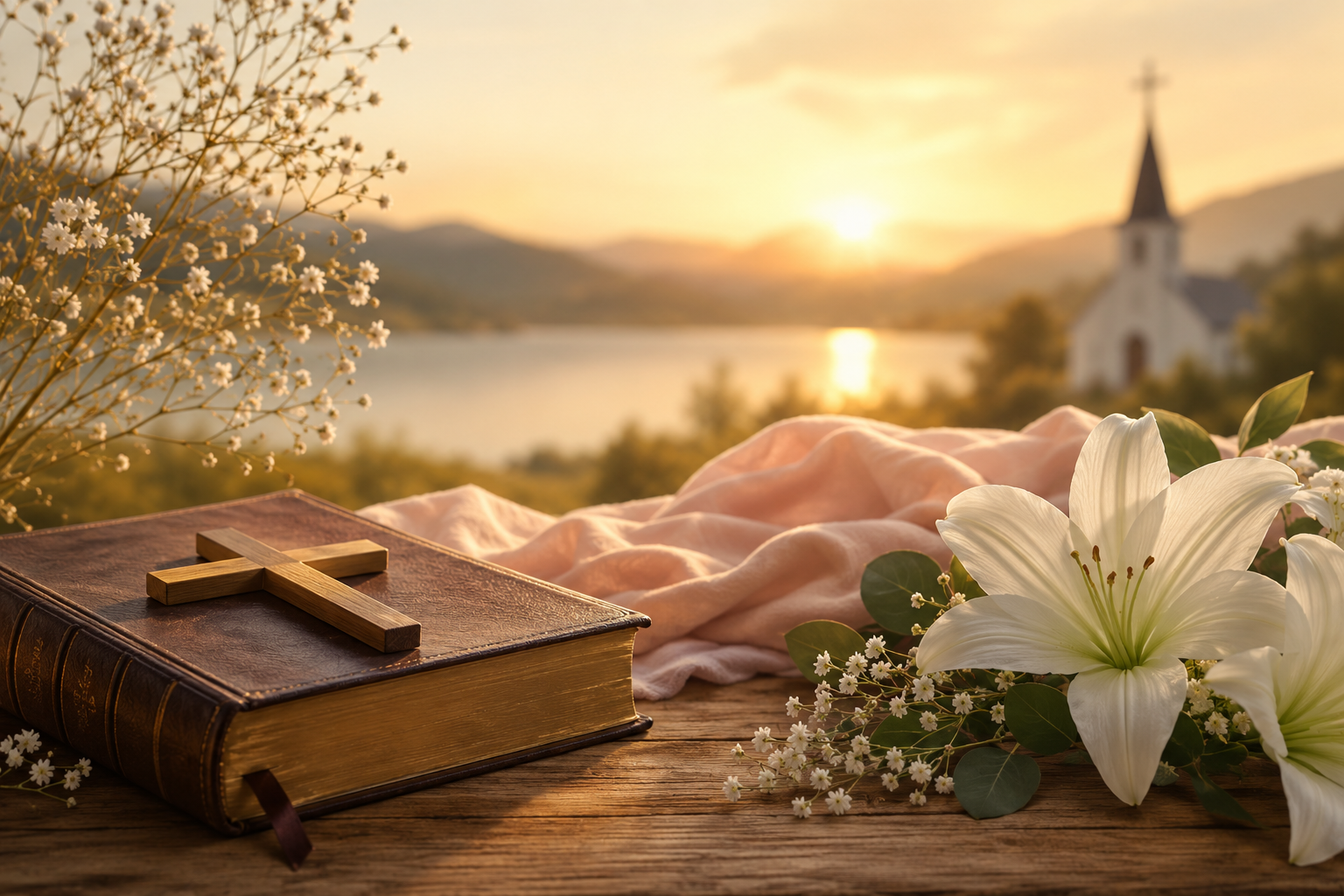 Feature image for Name Emily showing an open Bible with a wooden cross, white lilies, and a peaceful sunrise near a church, symbolizing faith, grace, hope, and biblical inspiration.