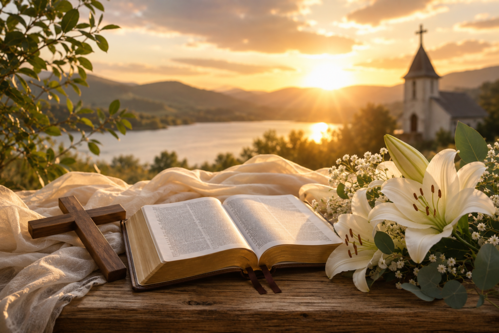 Open Bible with a wooden cross and white lilies at sunrise beside a peaceful church, representing faith, scripture, and the biblical inspiration behind the name Emily.