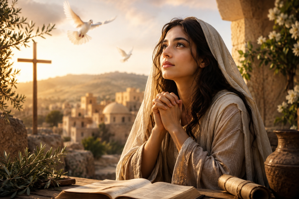 A woman praying beside an open Bible at dawn in an ancient village setting with a cross, white doves, and warm sunlight creating a peaceful spiritual atmosphere.