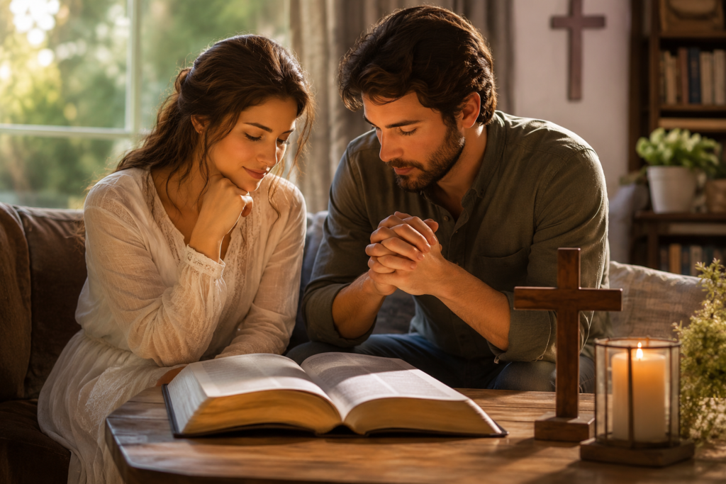 A young Christian woman and man sit together in a cozy home, reading an open Bible and praying with peaceful expressions. A wooden cross and candle rest on the table, creating a warm atmosphere that reflects faith, devotion, strong Christian values, and spiritual character.
