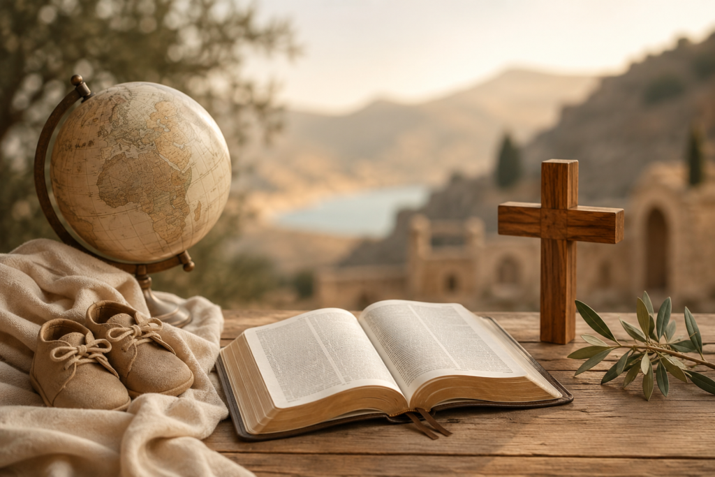 A warm, rustic scene featuring an open Bible, a wooden cross, a vintage globe, baby shoes, and olive branches, symbolizing the meaning and origin of the name Damian in a peaceful, faith inspired setting.