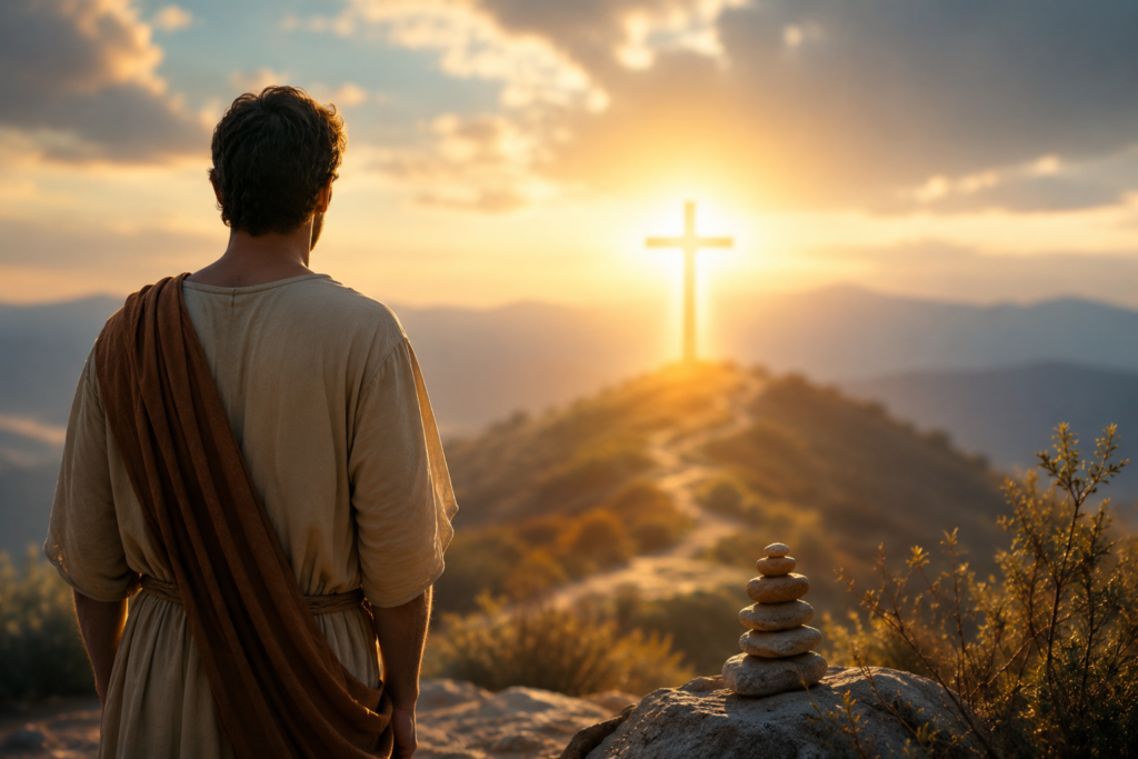 A peaceful sunrise landscape with a person standing on a rocky path, looking toward a glowing cross on a distant hill, symbolizing faith, spiritual purpose, hope, and inner reflection.