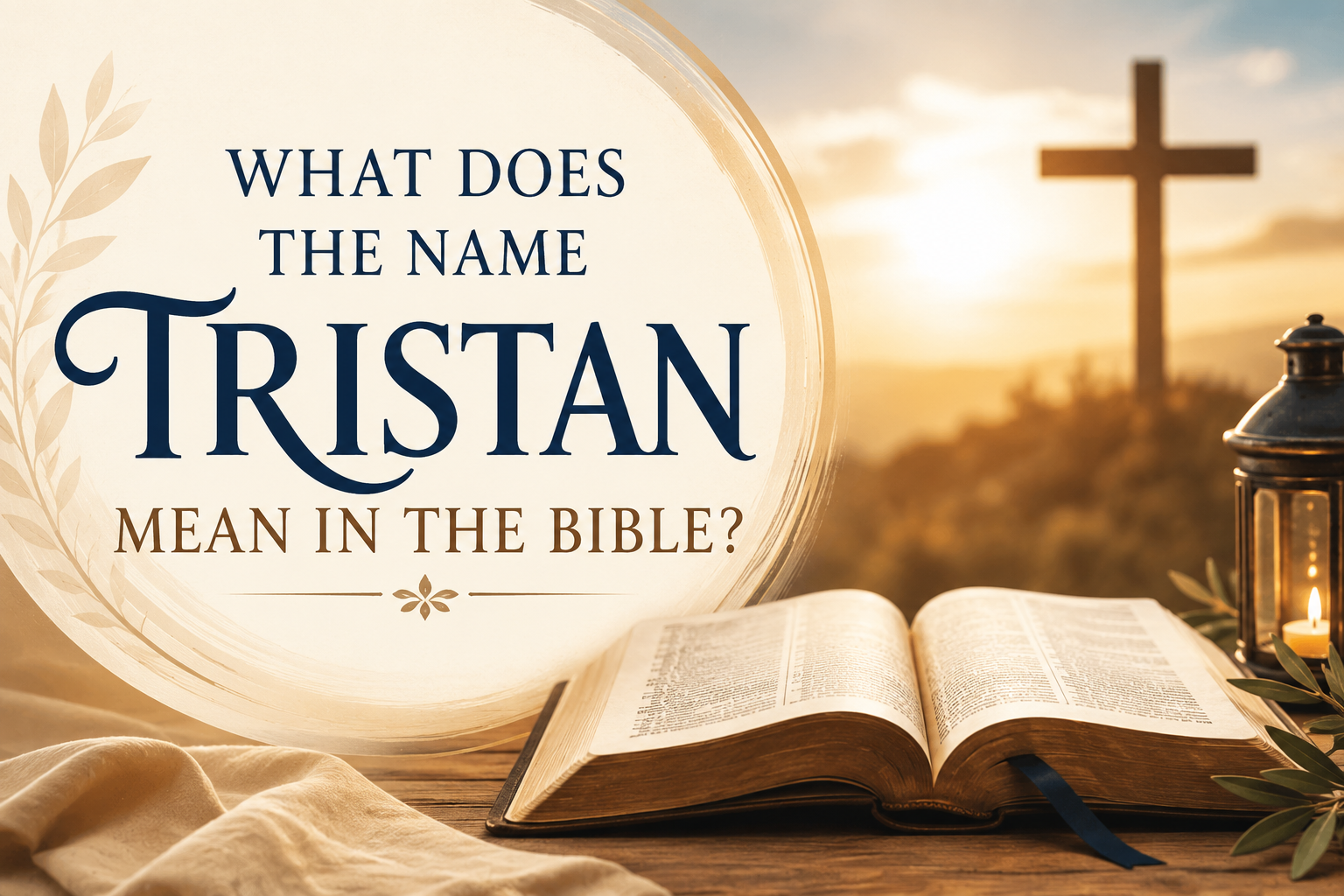 An open Bible on a wooden table with a cross in the background at sunrise, creating a peaceful Christian scene that represents the biblical meaning and spiritual significance of the name Tristan.