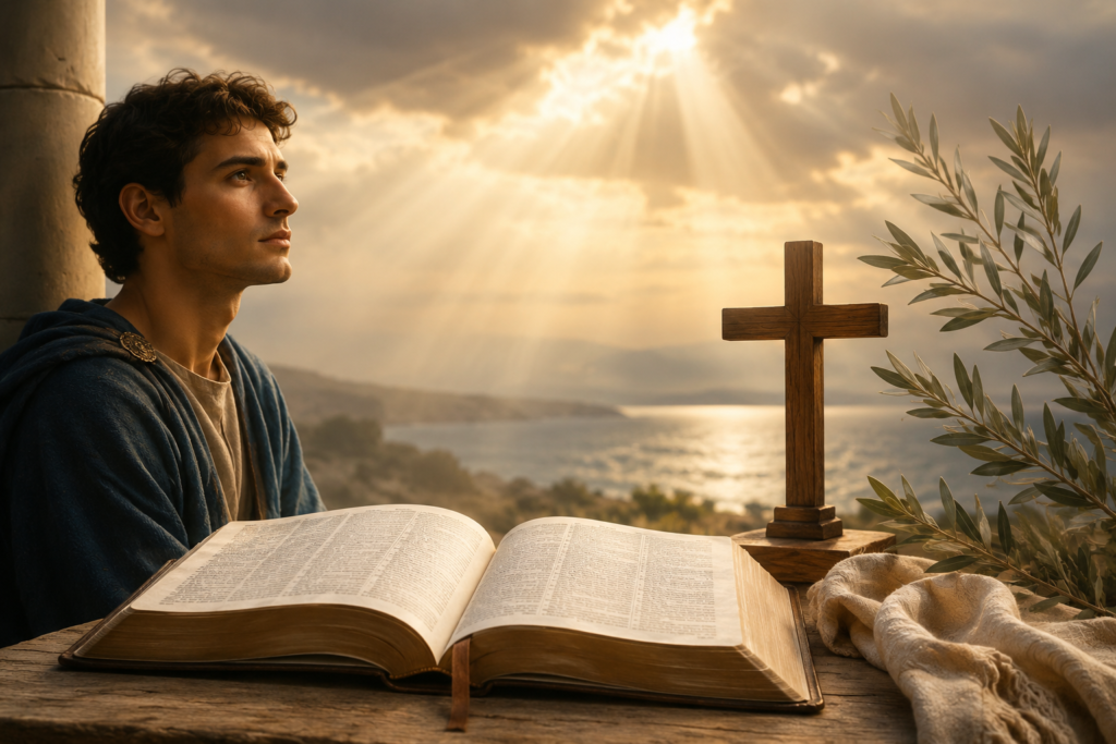 Serene biblical themed illustration featuring an open Bible, a wooden cross, olive branches, and a thoughtful young man under golden rays of light, symbolizing the spiritual meaning of the name Tristan.