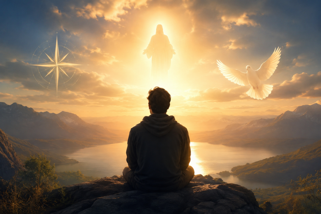 A peaceful spiritual landscape with a lone person overlooking glowing mountains at sunrise, a radiant heavenly light, a white dove, and a serene river symbolizing faith, guidance, and the spiritual meaning of Tristan.