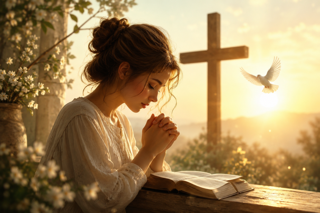 Peaceful spiritual scene with a woman praying beside an open Bible at sunrise, a wooden cross in the background, and a white dove symbolizing faith, hope, and the spiritual meaning of Emma in a biblical context.