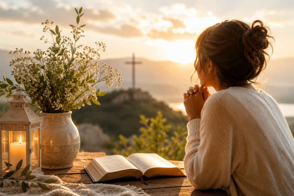 A woman praying beside an open Bible at sunrise with a distant cross, candle, and flowers in a peaceful landscape, symbolizing faith, hope, and spiritual reflection.