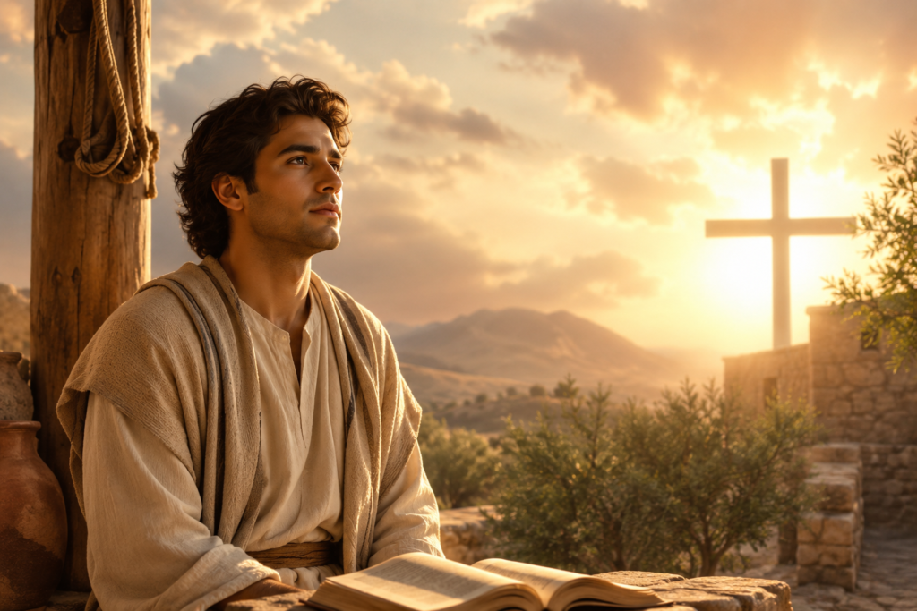 A young man in biblical robes sits with an open ancient scroll, gazing toward the horizon as golden sunlight shines over a peaceful landscape with a distant cross, symbolizing the meaning of Jose in the Bible.