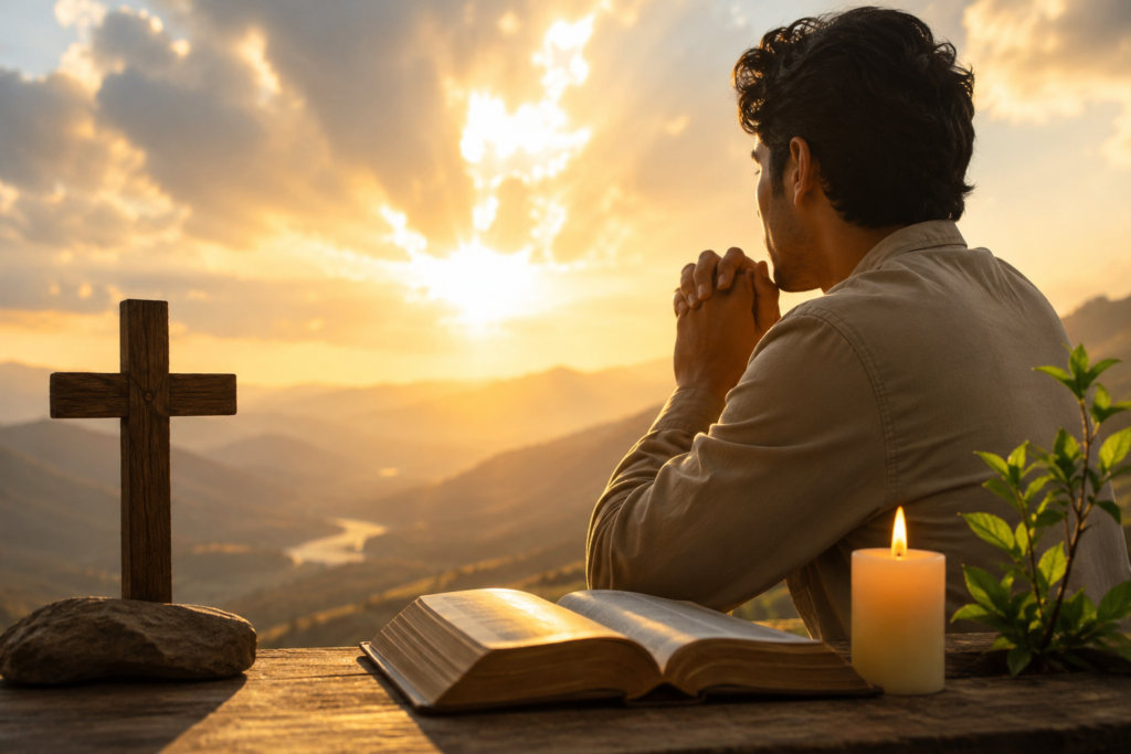 A peaceful spiritual scene showing a person praying beside an open Bible, a wooden cross, and a glowing candle as golden sunlight shines over a mountain landscape, symbolizing faith, hope, and spiritual reflection.