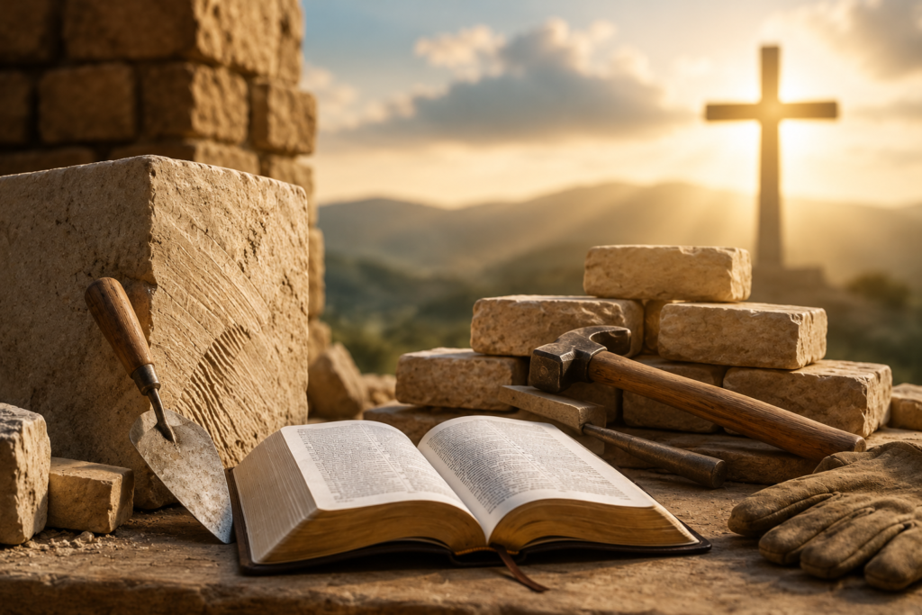 Open Bible resting beside stone masonry tools and carved building blocks with a cross glowing in the background, symbolizing the biblical meaning and spiritual significance of the name Mason.
