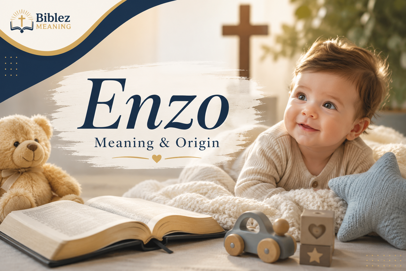 Feature image showing a smiling baby beside an open Bible with a wooden cross and soft toys in a warm, peaceful setting, representing the meaning, origin, and biblical significance of the name Enzo.