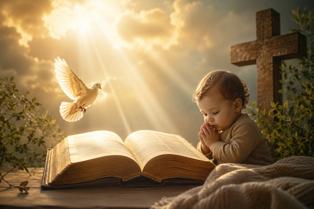 A peaceful spiritual scene featuring an open Bible, a praying child, a white dove, a wooden cross, and golden rays of light symbolizing faith, hope, and the biblical meaning of the name Enzo.