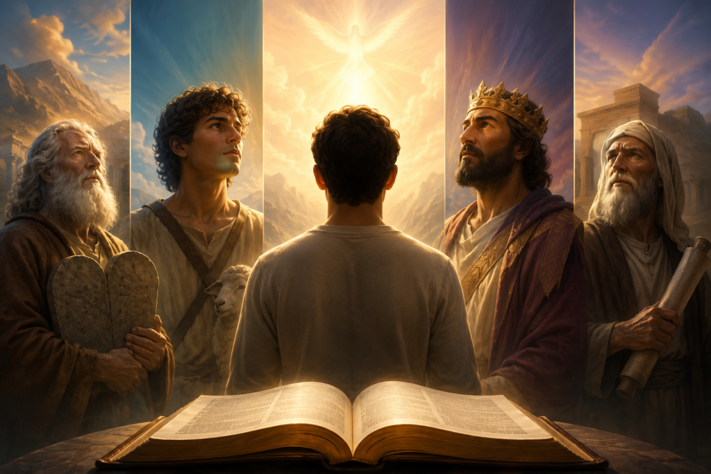 Illustration showing a symbolic comparison between the spiritual meaning of Enzo and notable biblical leaders, featuring an open Bible, radiant heavenly light, and several ancient leaders in biblical robes surrounding a central figure in a dramatic, faith inspired scene.