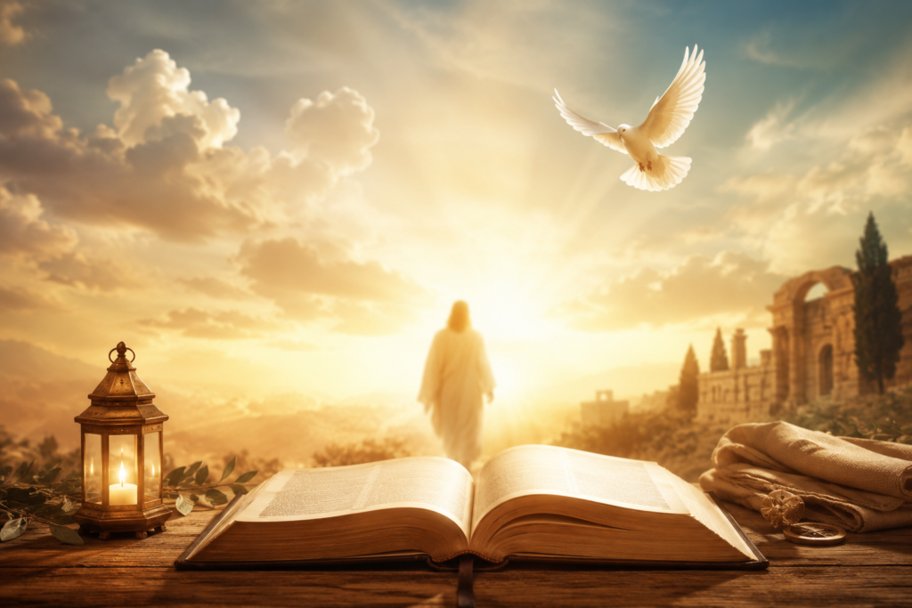 Serene biblical scene with an open Bible, glowing heavenly light, a white dove, and ancient ruins representing the biblical meaning of Adriel.