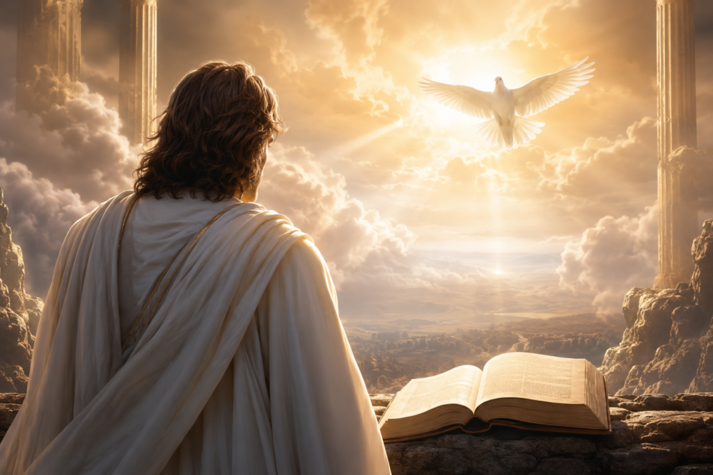 A biblical era man in traditional robes stands beneath a radiant sky, symbolizing Adriel in the Bible, with ancient stone pillars, an open scroll, and warm golden light creating a peaceful, sacred atmosphere.